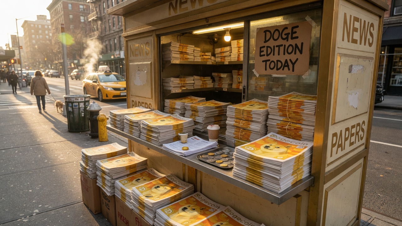 Sunrise newsstand stacked with gold Dogecoin morning papers